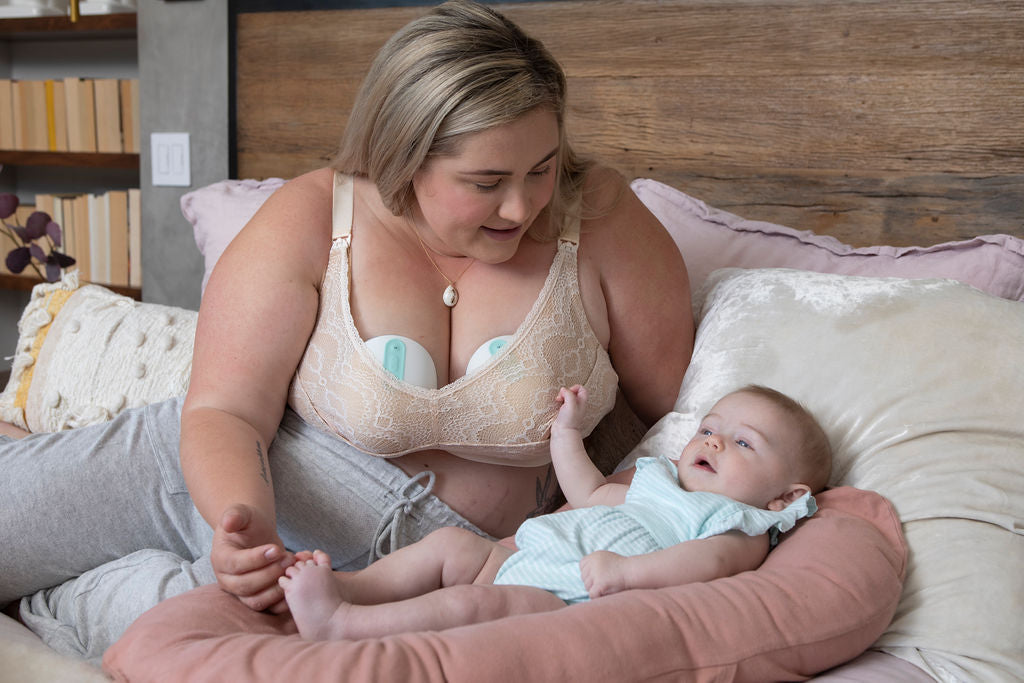ruby cream - ruby plus cream - ruby pumping bra - pumping bra - ruby pumping bra cream - ruby plus - milkful - mom with baby