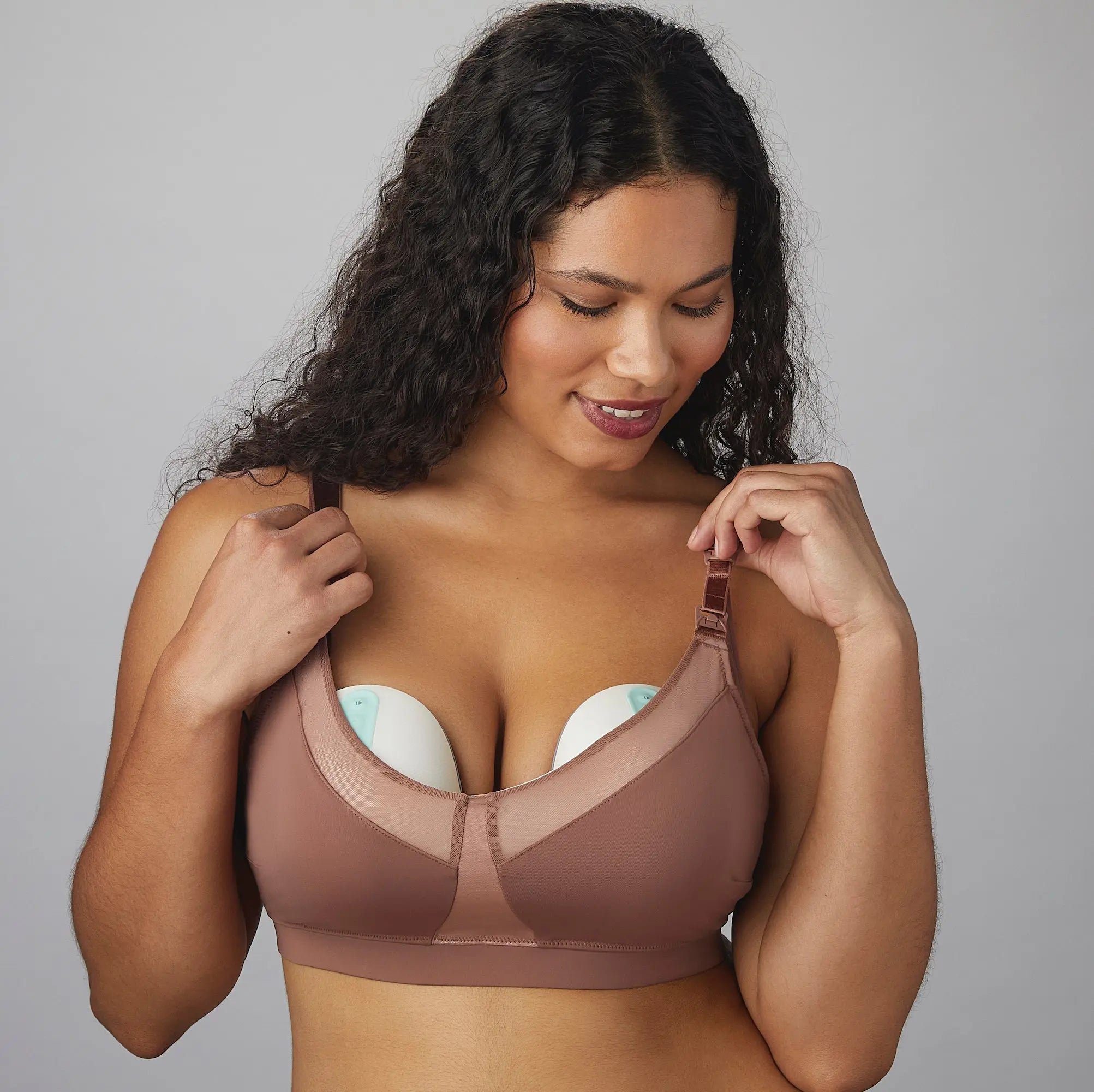 Daily Nursing plus pumping bra nutmeg image from the front, woman lounging