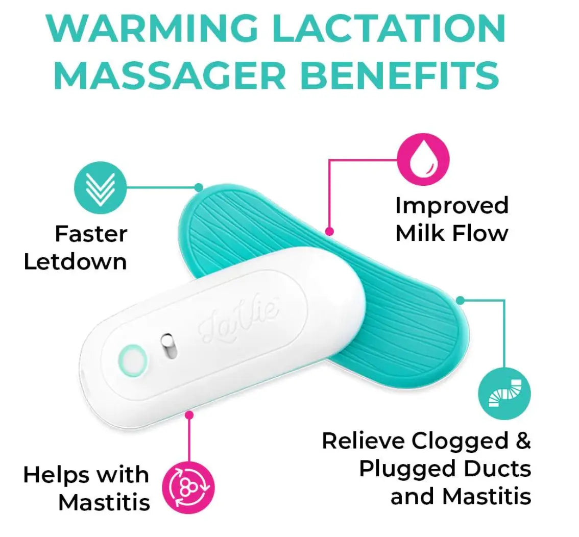 LaVie warming massager flatlay image with benefits